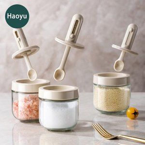 Glass Salt Container Spices Jars with Retractable Spoon Airtight Cover1 Full Set